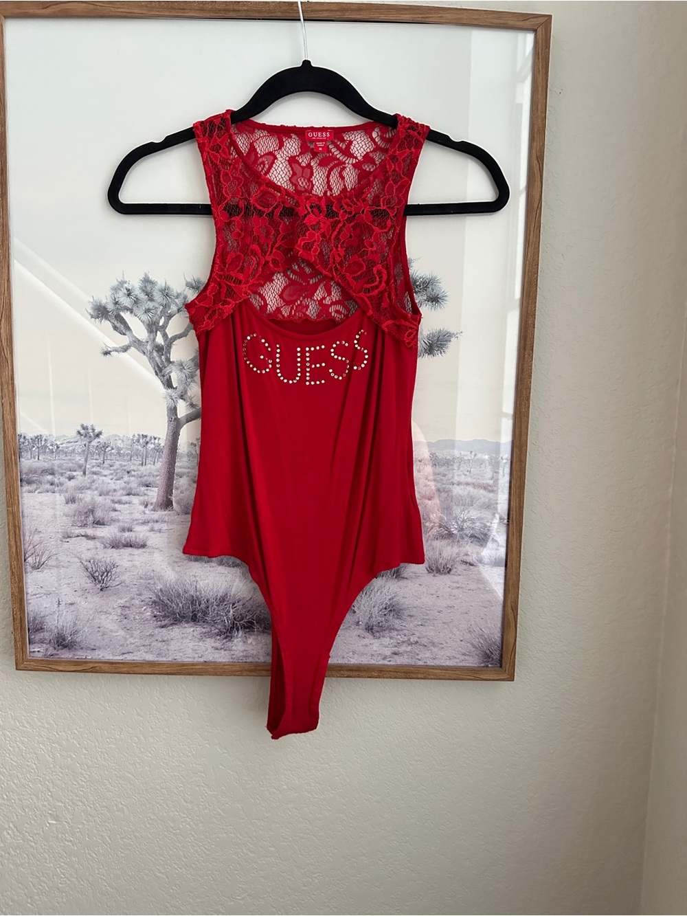 GUESS Red Lace Rhinestone Logo Bodysuit Y2K Going Out Top Size M